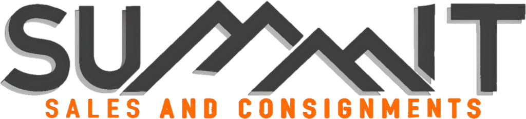 Summit Sales and Consignments logo featuring mountain-inspired design within the word "SUMMIT," with an orange and gray circular arc, representing the brand’s focus on consignment sales of utility trailers, e-bikes, and outdoor equipment.