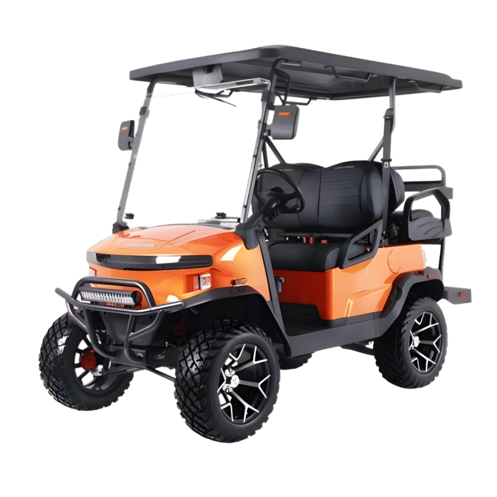 Denago EV Nomad XL 4-Passenger Lifted Golf Cart in Lava Orange for sale in Shelley, Idaho at Summit Sales & Consignments.